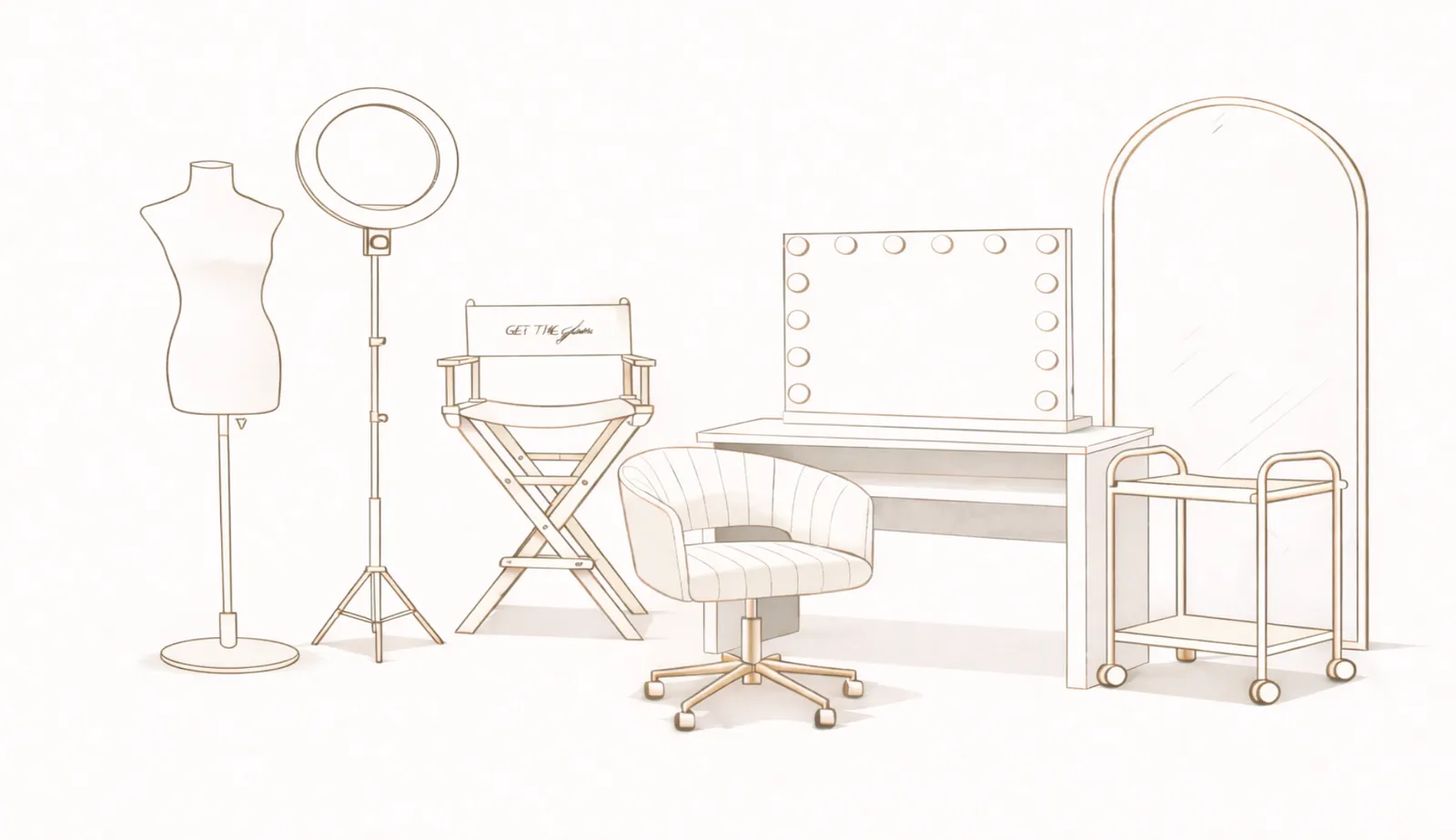 Ilustración del set Imperial Glow: Espejo de piso con luz LED, Espejo Hollywood luz LED, Mesa para espejo, Carrito, Silla de estilista, Silla para novia, Ring light, Maniquí para vestido de novia